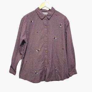 VTG Cabin Creek Womens Top 20W Burgundy Gingham Floral Embroidered Cottagecore